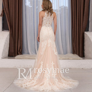 Turtle O Neckline Sheer Bodice Fit Flare Lace Bridal Wedding Dress - Rosymae