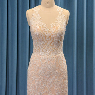 Turtle O Neckline Sheer Bodice Fit Flare Lace Bridal Wedding Dress - Rosymae
