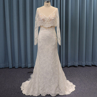 Long Sleeve Separates Two Piece Lace Bridal Wedding Dress V-neck