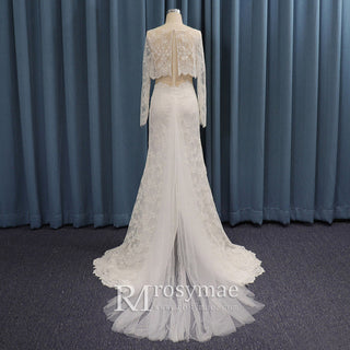 Long Sleeve Separates Two Piece Lace Bridal Wedding Dress V-neck