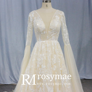 Unique Cape Sleeve A-line Lace Wedding Dress for Bride - Rosymae