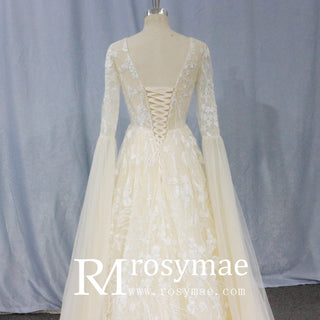 Unique Cape Sleeve A-line Lace Wedding Dress for Bride - Rosymae