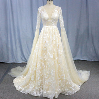 Unique Cape Sleeve A-line Lace Wedding Dress for Bride - Rosymae