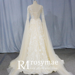 Unique Cape Sleeve A-line Lace Wedding Dress for Bride - Rosymae