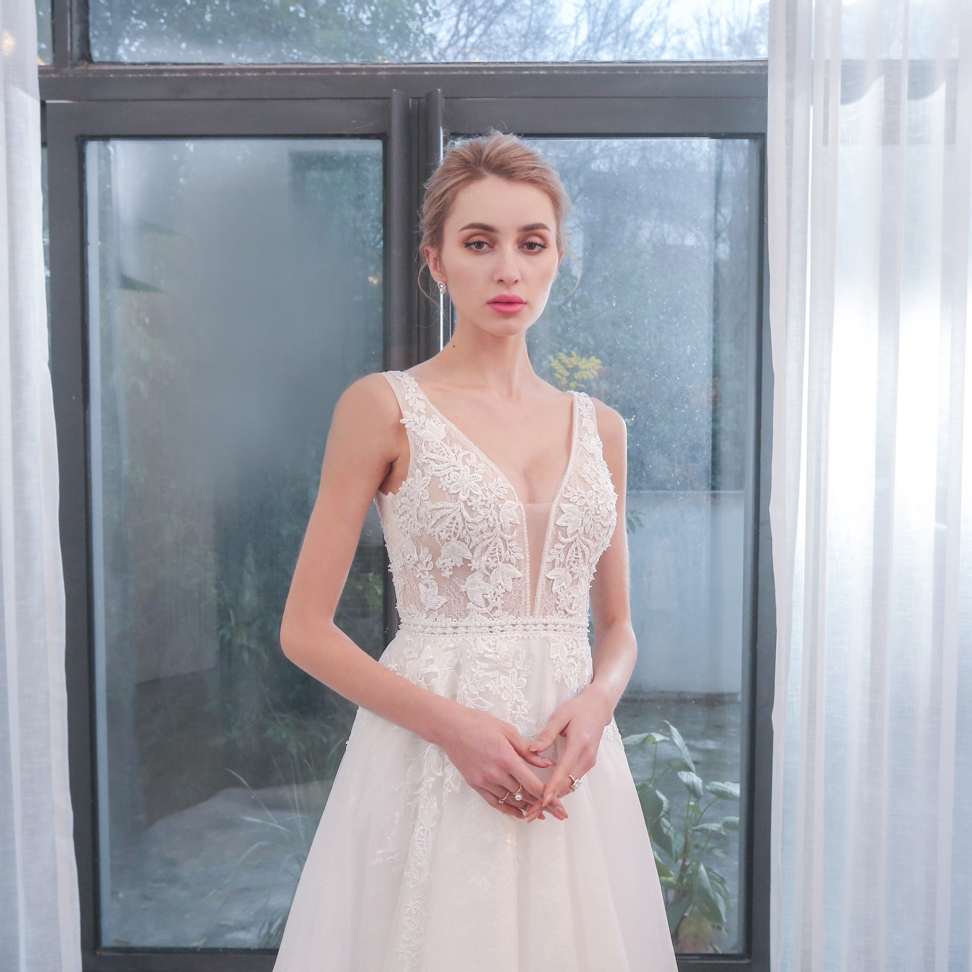 Plunging Neckline Sparkle Tulle A Line Wedding Dress with Tank Sleeve Rosymae Plunging Neckline Sparkle Tulle A Line Wedding Dress with Tank Sleeve Rosymae