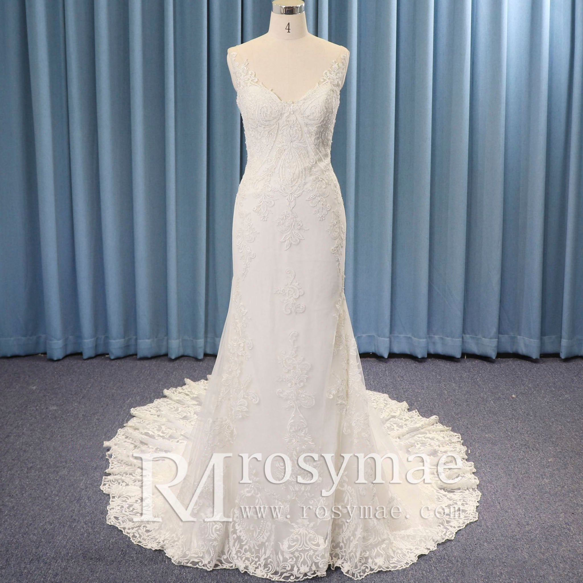 V-neck Fit and Flare Floral Lace Wedding Dress Sheer Back - Rosymae