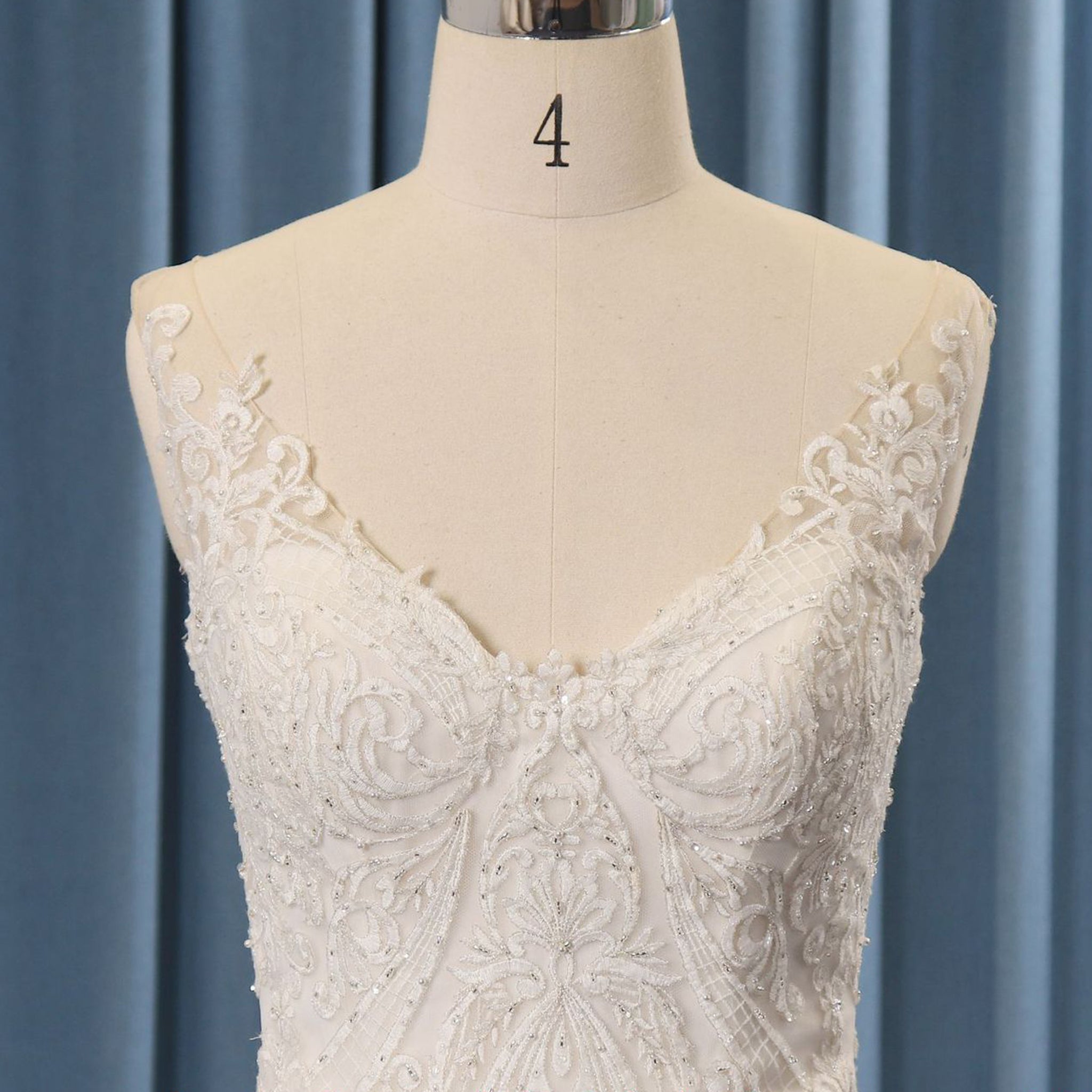 V-neck Fit and Flare Floral Lace Wedding Dress Sheer Back - Rosymae