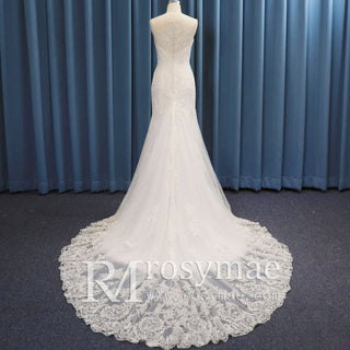V-neck Fit and Flare Floral Lace Wedding Dress Sheer Back - Rosymae