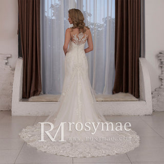 V-neck Fit and Flare Floral Lace Wedding Dress Sheer Back - Rosymae