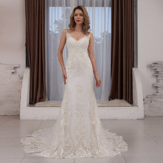 V-neck Fit and Flare Floral Lace Wedding Dress Sheer Back - Rosymae
