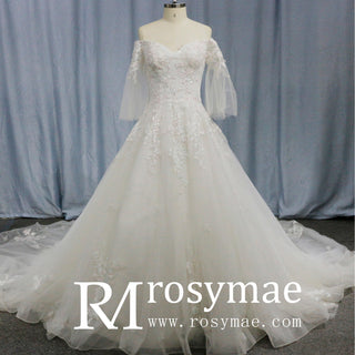 V-Neck Half-Sleeve Tulle Lace Ball Gown Wedding Dress - Rosymae