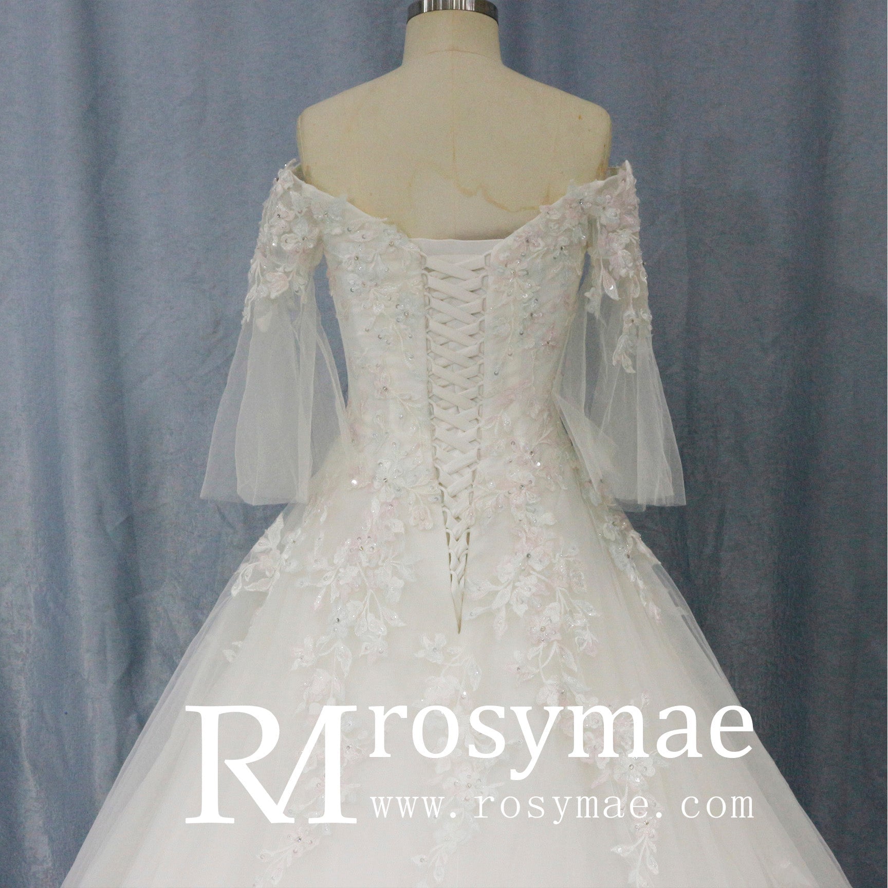 V-Neck Half-Sleeve Tulle Lace Ball Gown Wedding Dress - Rosymae