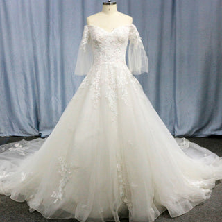 V-Neck Half-Sleeve Tulle Lace Ball Gown Wedding Dress - Rosymae
