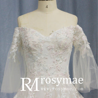 V-Neck Half-Sleeve Tulle Lace Ball Gown Wedding Dress - Rosymae