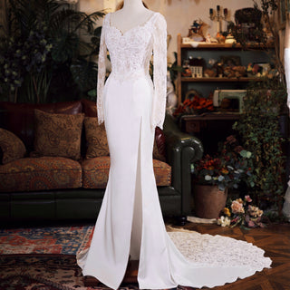 Sheer Long Sleeve Mermaid Wedding Dress with Open Backless