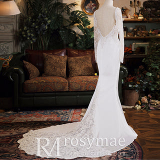 Sheer Long Sleeve Mermaid Wedding Dress with Open Backless