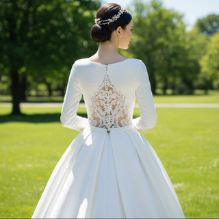 V-Neck Long Sleeve Wedding Dress with Pocket & High Sheer Back - Rosymae