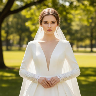 V-Neck Long Sleeve Wedding Dress with Pocket & High Sheer Back - Rosymae