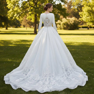 V-Neck Long Sleeve Wedding Dress with Pocket & High Sheer Back - Rosymae