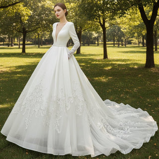 V-Neck Long Sleeve Wedding Dress with Pocket & High Sheer Back - Rosymae