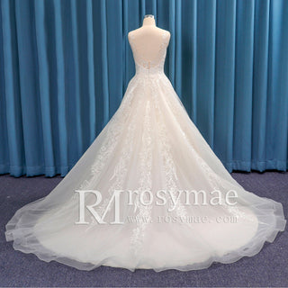 V-neck Open Back Bridal Gown Wedding Dress A-line Lace Tulle - Rosymae