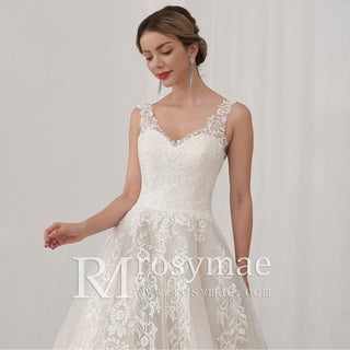 V-neck Open Back Bridal Gown Wedding Dress A-line Lace Tulle - Rosymae