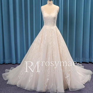 V-neck Open Back Bridal Gown Wedding Dress A-line Lace Tulle - Rosymae