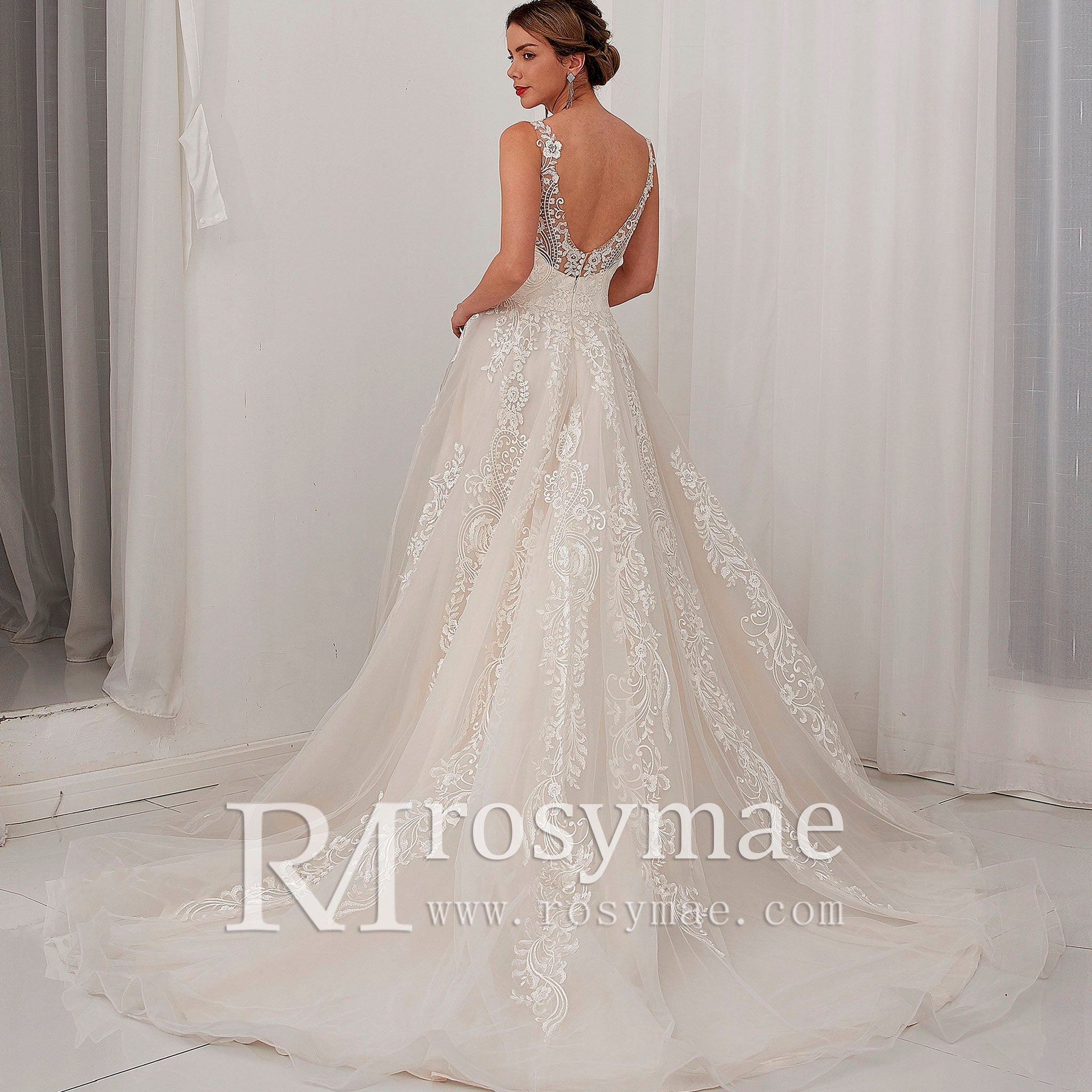 V-neck Open Back Bridal Gown Wedding Dress A-line Lace Tulle - Rosymae