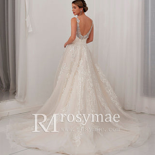 V-neck Open Back Bridal Gown Wedding Dress A-line Lace Tulle - Rosymae