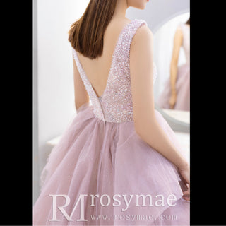 A-line Sheer Bodice Sparkly Pink Formal Dress with Tank V-neck