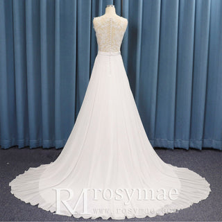 V-neck Satin and Chiffon A-line Wedding Dress with Sheer back - Rosymae