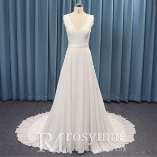 V-neck Satin and Chiffon A-line Wedding Dress with Sheer back - Rosymae