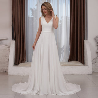 V-neck Satin and Chiffon A-line Wedding Dress with Sheer back - Rosymae