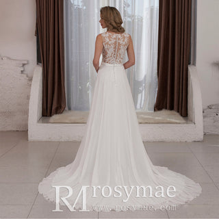 V-neck Satin and Chiffon A-line Wedding Dress with Sheer back - Rosymae
