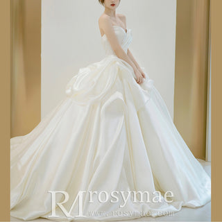 Ruffle Strapless Satin Wedding Dress Bridal Gown with Puffy Skirt