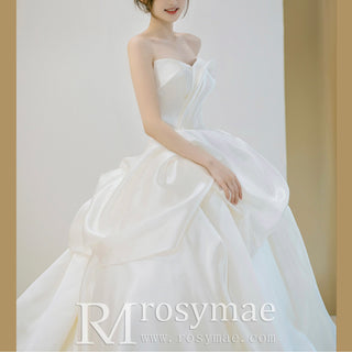 Ruffle Strapless Satin Wedding Dress Bridal Gown with Puffy Skirt