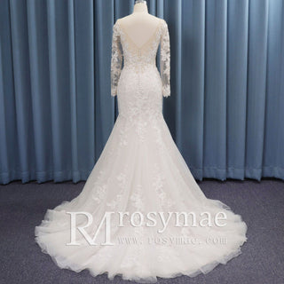V-neck Sheer Floral Lace Wedding Dress With Long Sleeves - Rosymae