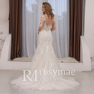 V-neck Sheer Floral Lace Wedding Dress With Long Sleeves - Rosymae