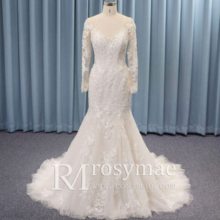 V-neck Sheer Floral Lace Wedding Dress With Long Sleeves - Rosymae