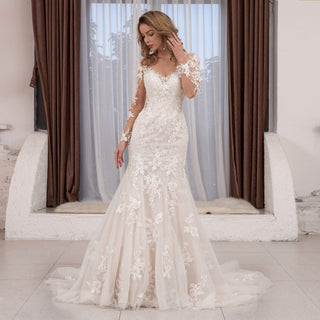 V-neck Sheer Floral Lace Wedding Dress With Long Sleeves - Rosymae