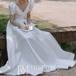 Simple Outdoor V-neck Satin Wedding Dress with Short Sleeve