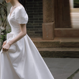 Simple Outdoor V-neck Satin Wedding Dress with Short Sleeve