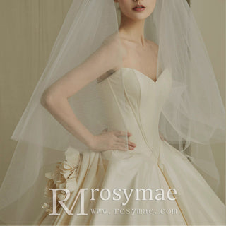 Strapless V-neck Satin A-line Wedding Dress with Flowers