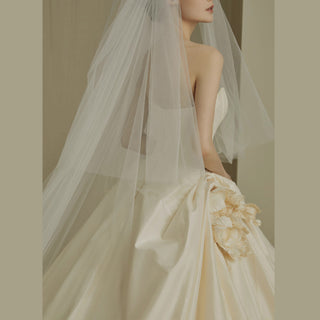 Strapless V-neck Satin A-line Wedding Dress with Flowers