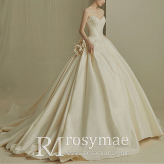Strapless V-neck Satin A-line Wedding Dress with Flowers