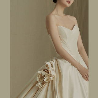 Strapless V-neck Satin A-line Wedding Dress with Flowers