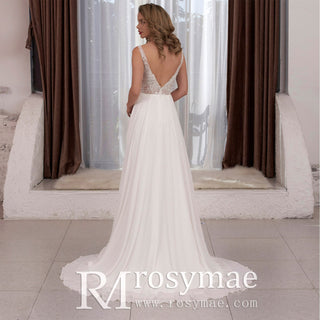 V-neck Tulle and Lace A-line Wedding Dress with Sheer Bodice - Rosymae