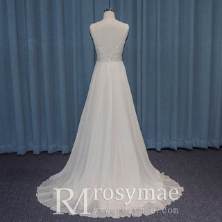 V-neck Tulle and Lace A-line Wedding Dress with Sheer Bodice - Rosymae