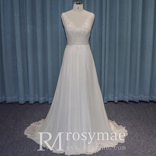 V-neck Tulle and Lace A-line Wedding Dress with Sheer Bodice - Rosymae