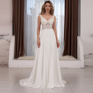 V-neck Tulle and Lace A-line Wedding Dress with Sheer Bodice - Rosymae